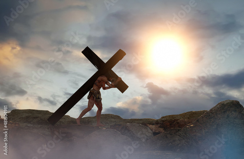 Fotobehang Jesus Christ carrying the cross render 3d
