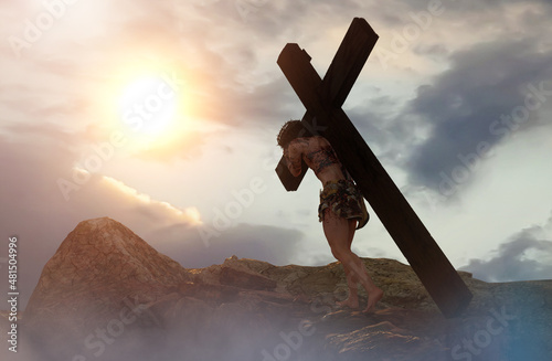 Fotografiet Jesus Christ carrying the cross render 3d