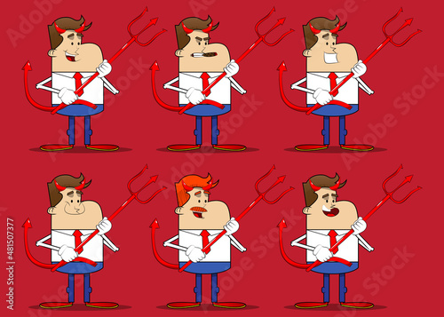 Simple retro cartoon of a businessman devil with pitchfork. Professional finance employee wearing white shirt with red tie.