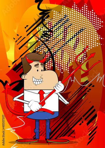 Simple retro cartoon of a businessman devil with pitchfork. Professional finance employee wearing white shirt with red tie.