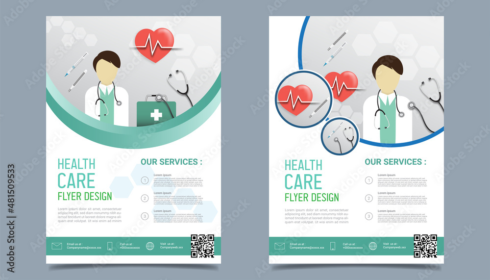 Medical health care flyer brochure template design, flyer template of medical care with white background for text, space for picture and blue wavy lines decoration. vector illustration 