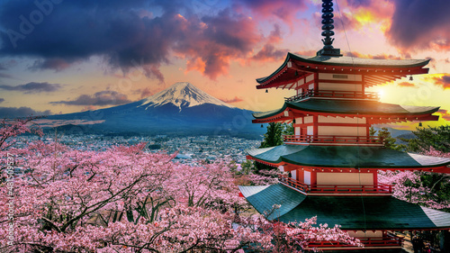 Obraz na plátně Cherry blossoms in spring, Chureito pagoda and Fuji mountain in Japan
