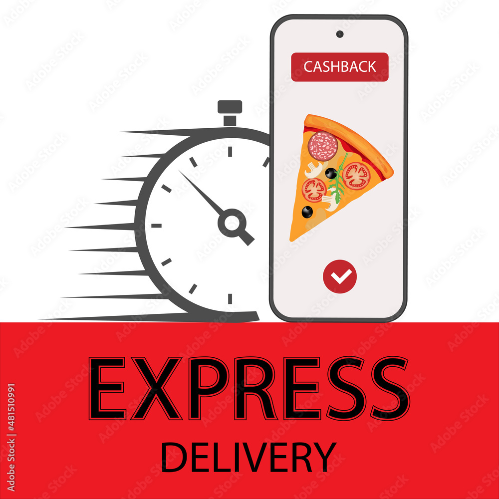 Naklejka premium The concept of online delivery by phone. Fast response delivery to your mobile phone. Online order tracking with the watch. Vector illustration