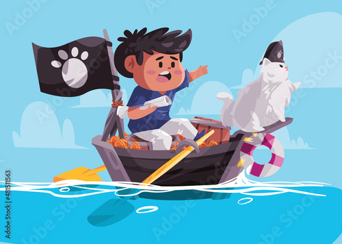boys and cat kitten pirates sailing inboat inopensea water play character captain with black flag