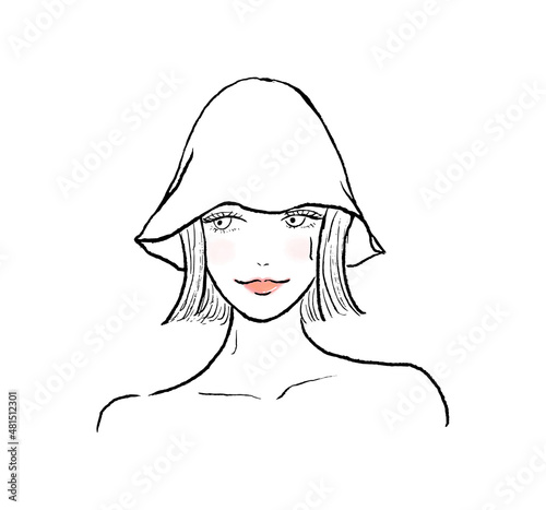 サウナハットをかぶり、サウナで汗をかくボブヘアの女性。正面向き。