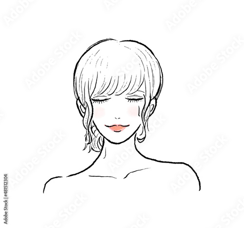 サウナで汗をかくロングヘアの女性。目を閉じて正面向き。