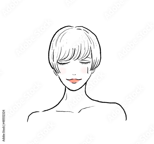 サウナで汗をかくショートヘアの女性。目を閉じて正面向き。
