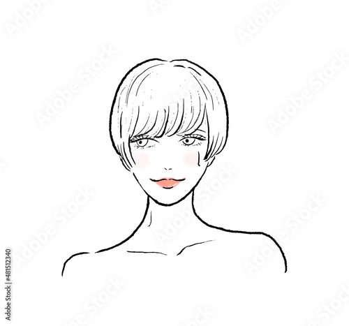 サウナで汗をかくショートヘアの女性。正面向き。