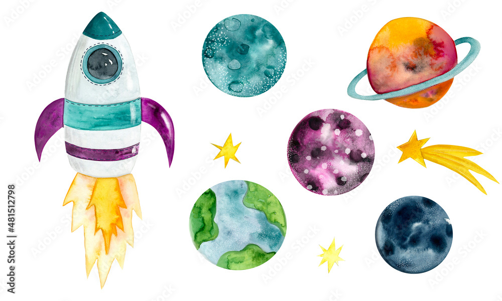 Watercolor collection of illustrations about space . Rocket and planets illustrations.  - obrazy, fototapety, plakaty 