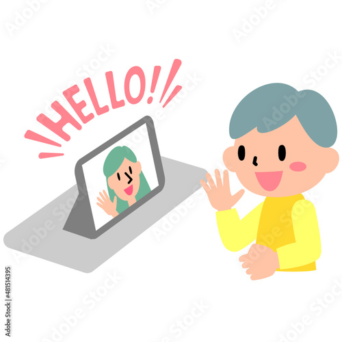 タブレットを使って英語学習をする男の子
