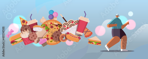 senior woman running away from junk food unhealthy nutrition junkfood addiction stop fast food concept