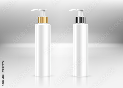 Cosmetic plastic bottle with dispenser pump . Liquid container for gel, lotion, cream, shampoo, bath foam. Beauty product package. Vector illustration.