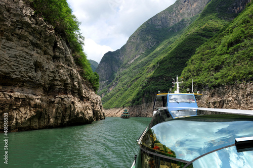 Yangtze River, China - Landscape, cruise ships and towns on both sides of the Three Gorges of the Yangtze River, China, May 31, 2011.
