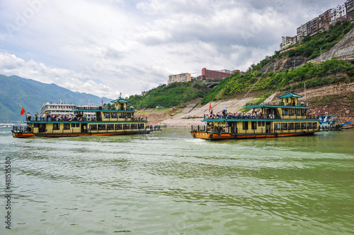 Yangtze River, China - Landscape, cruise ships and towns on both sides of the Three Gorges of the Yangtze River, China, May 31, 2011.