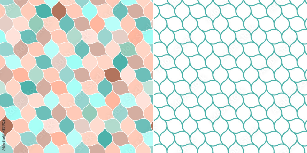 Abstract repeating background in Escher style. Seamless vector illustration with colorful drops isolated on white background. Contour geometric pattern for coloring. Smooth silhouette and lines