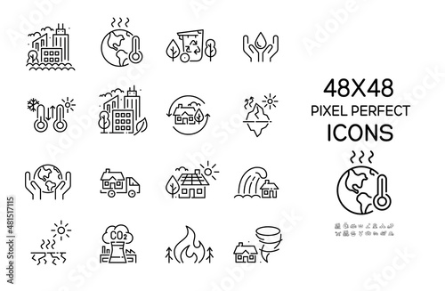 Global warming effects and prevention. Water conservation, clean energy and recycling. Natural disasters and heating. Pixel perfect, editable stroke