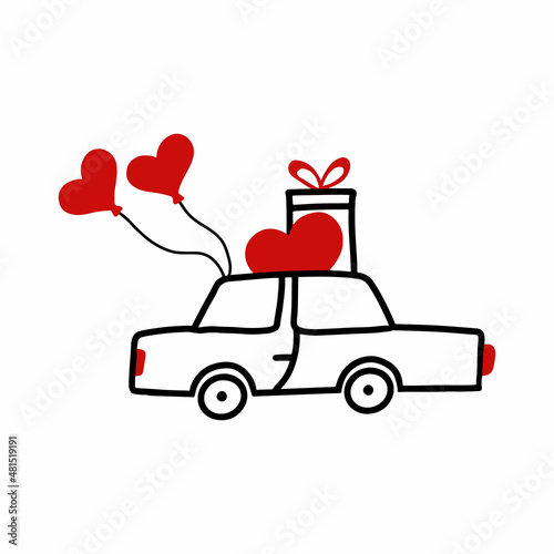Vector illustration of a car with red balloons. Valentine's day car illustration. Doodle car.