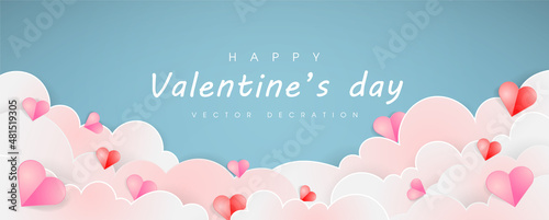 Valentine's day concept background. Vector illustration. 3d red, white and pink paper cut hearts frame or border blue background. Cute love sale banner or greeting card