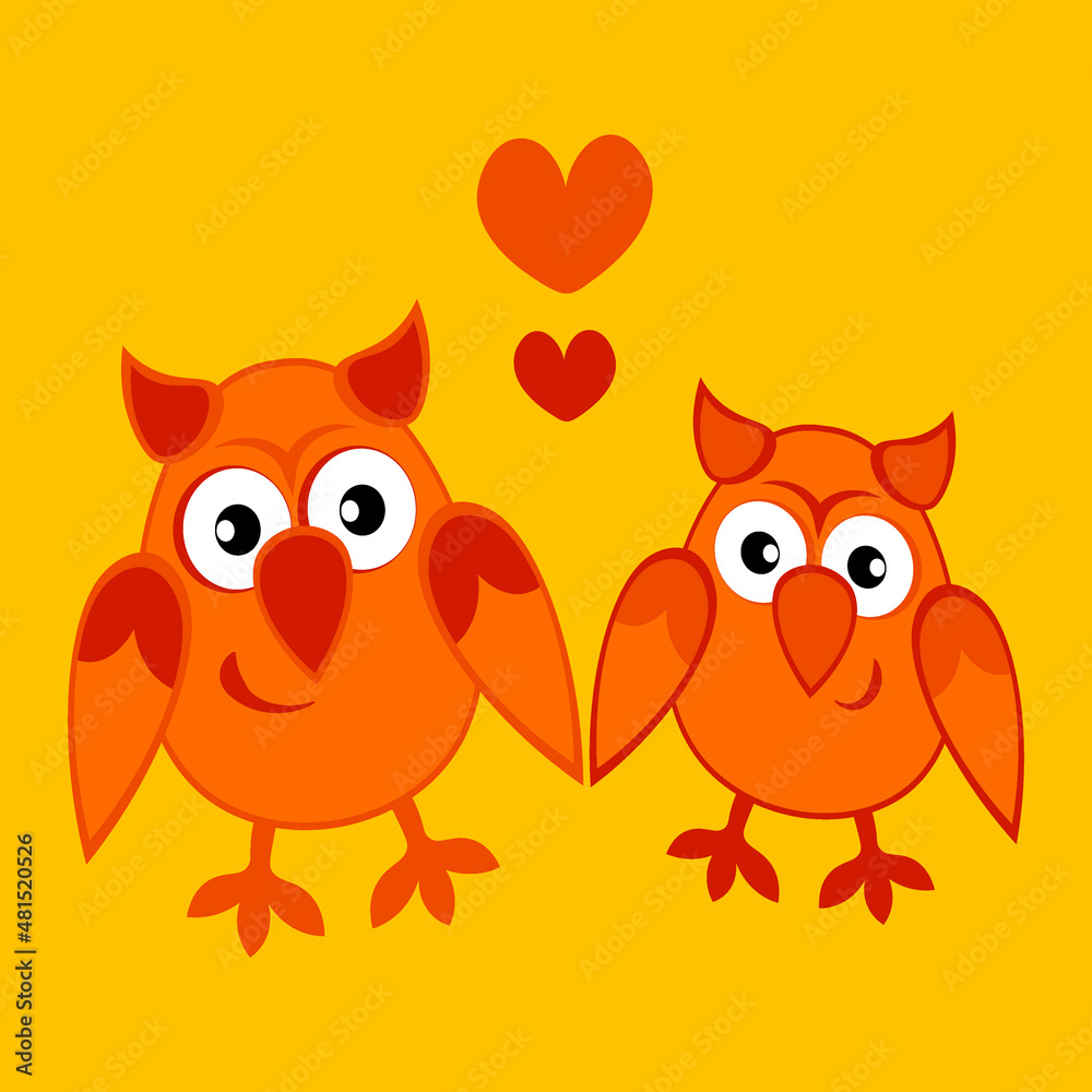 Fototapeta premium two owls in love with hearts. Cartoon birds. Pastiche. Children drawing