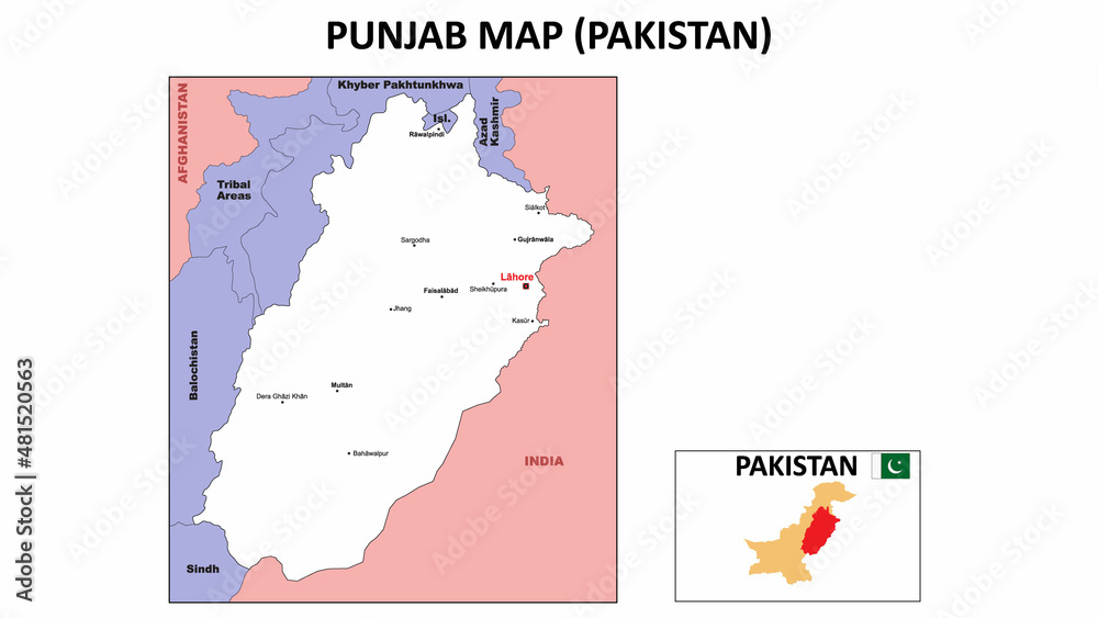 Punjab map. Political map of Punjab. Punjab Map of Pakistan with white color.