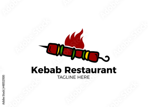 Vintage kebab logo template. Kebab or shashlik on skewer with fire flame isolated on white background. Vector illustration