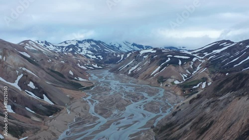 Wallpaper Mural Aerial panoramic footage of wide valley with riverbed between mountain ridges with snowfields. Thorsmork valley, Iceland Torontodigital.ca