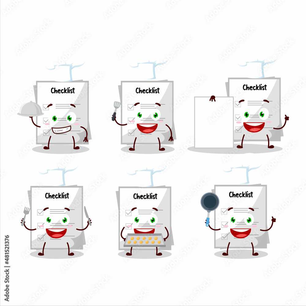 Cartoon character of paper sheet with various chef emoticons Cartoon character of paper sheet with various chef emoticons