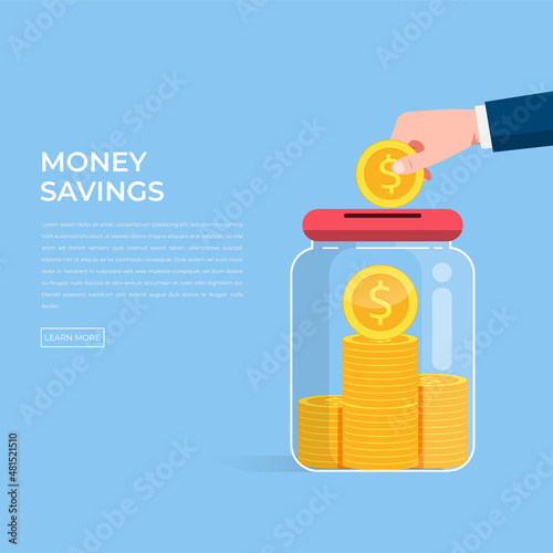 Save money jar icon with hand holding coin symbol