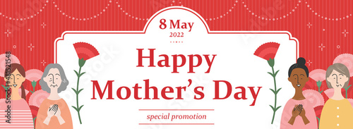 母の日　バナーテンプレート／色々な人種の女性とカーネーション（英語）
