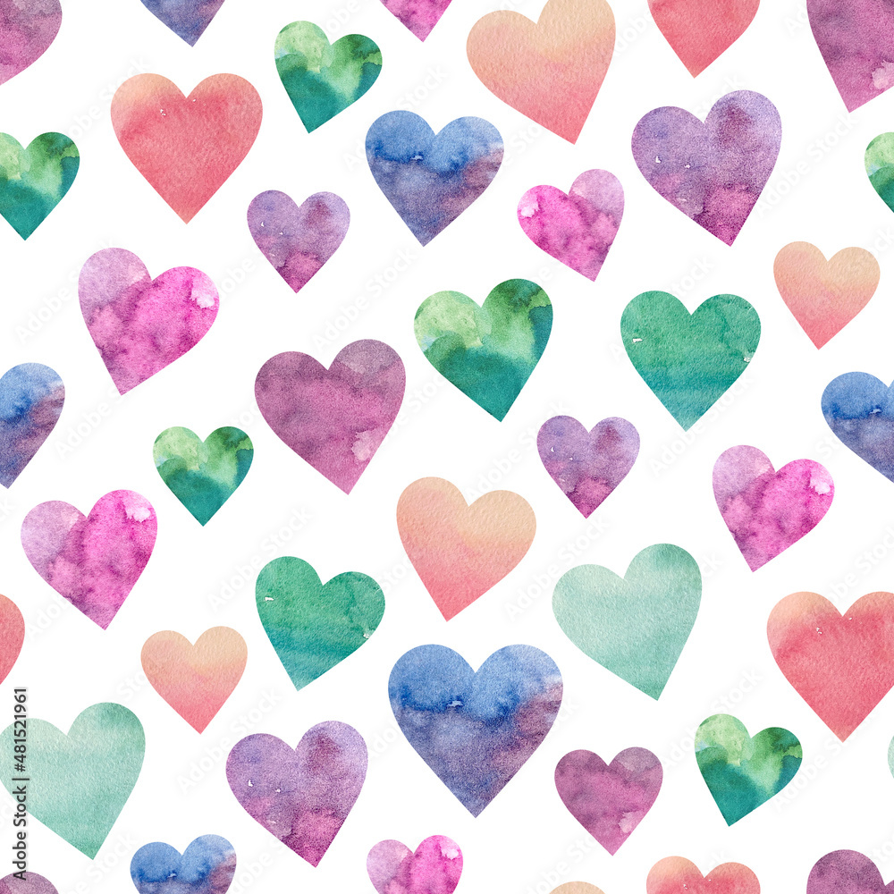 Seamless cute pattern perfect for decoration of Valentine's Day and wedding, design of card, fabric, textile, wrapping paper. Watercolor romantic illustration of different hearts.