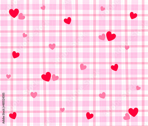 Pink Red Heart Love Valentine's Day Gingham Pattern Rectangle Background Editable Stroke. Vector Illustration Tablecloth, Picnic mat wrap paper.	