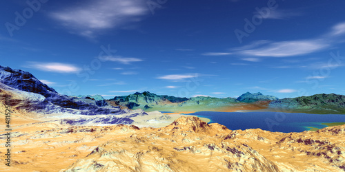 Alien Planet. Mountain and lake. 3D rendering