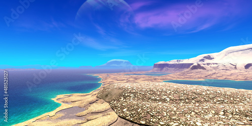 Alien Planet. Mountain and lake. 3D rendering