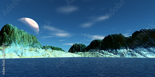 Alien Planet. Mountain and lake. 3D rendering