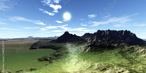 Alien Planet. Mountain and lake. 3D rendering