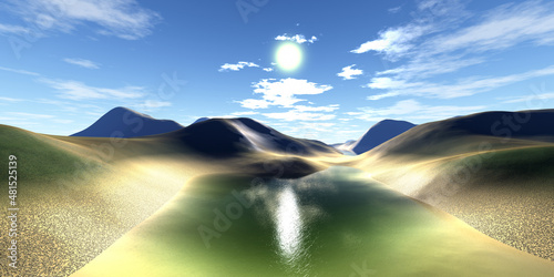 Alien Planet. Mountain and lake. 3D rendering