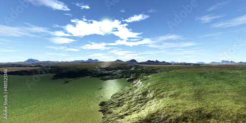 Alien Planet. Mountain and lake. 3D rendering