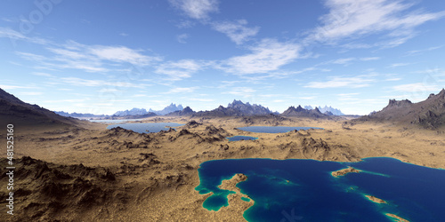 Alien Planet. Mountain and lake. 3D rendering