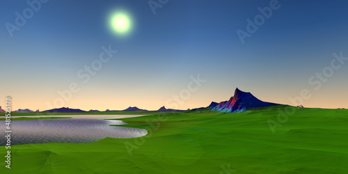 Alien Planet. Mountain and lake. 3D rendering
