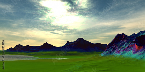 Alien Planet. Mountain and lake. 3D rendering