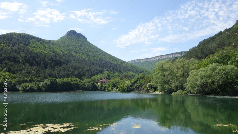 Green mountains on the lake shore, Mangup-kale