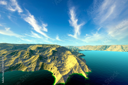 Alien Planet. Mountain and lake. 3D rendering