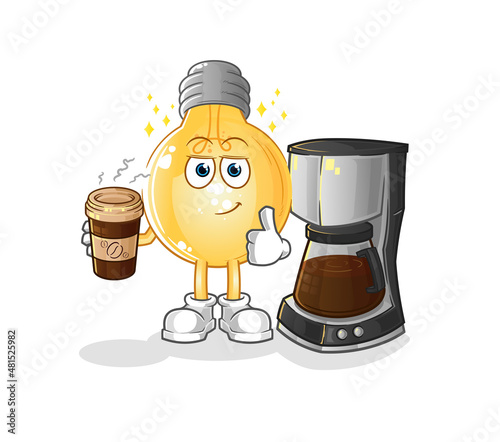 bulb drinking coffee illustration. character vector