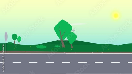 Cartoon road background. Nature landscape animation with a windmill