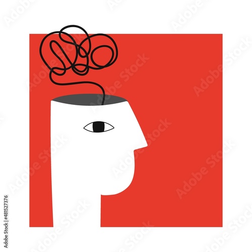 Mental health. Psychology concept. Negative thinking and fears. Messy thoughts. Abstract human head. Mental disorder and psychotherapy. Solve problems. Vector cartoon flat isolated illustration
