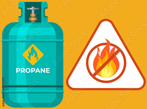 Gas cylinder, canister with fuel storage. Balloon with flammable sign near fire warning. Metal tank with liquefied compressed petroleum, propane. Pressurized gas cylinder with flammable substance