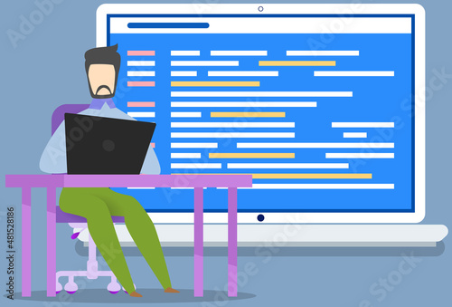 Programmer sitting with laptop coding, programming. Man writes program code, uses technology for work. Web design, programming, software development concept. IT specialist working with computer