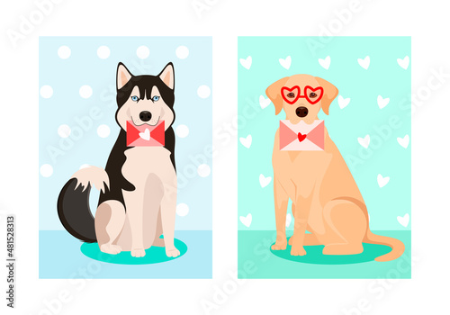 Postcards with cute dogs with envelopes. Cartoon design. 