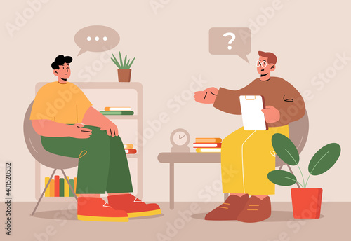 Patient in psychologist office. Man talking to practitioner sit at chair in cabinet. Therapist session in mental health clinic, character share problems with doctor. Line art flat vector illustration © klyaksun