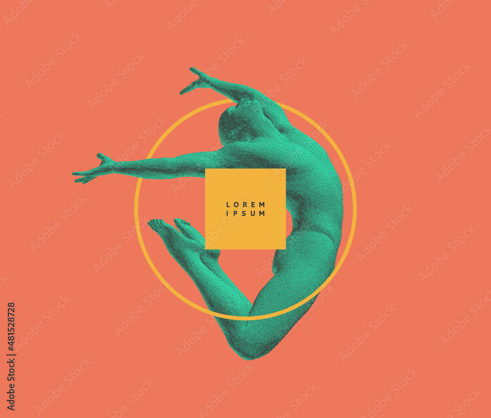 Jumping man made from dots. Stipple effect. Gymnastics activities for icon health and fitness community. 3d vector illustration. - obrazy, fototapety, plakaty 